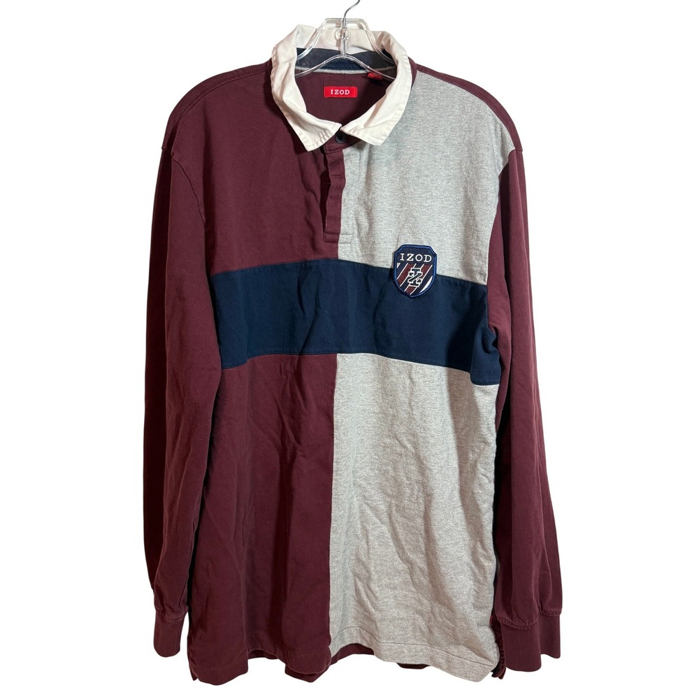 IZOD Colorblock Rugby Shirt Long Sleeve Burgundy‎ Gray Navy Patch Mens L